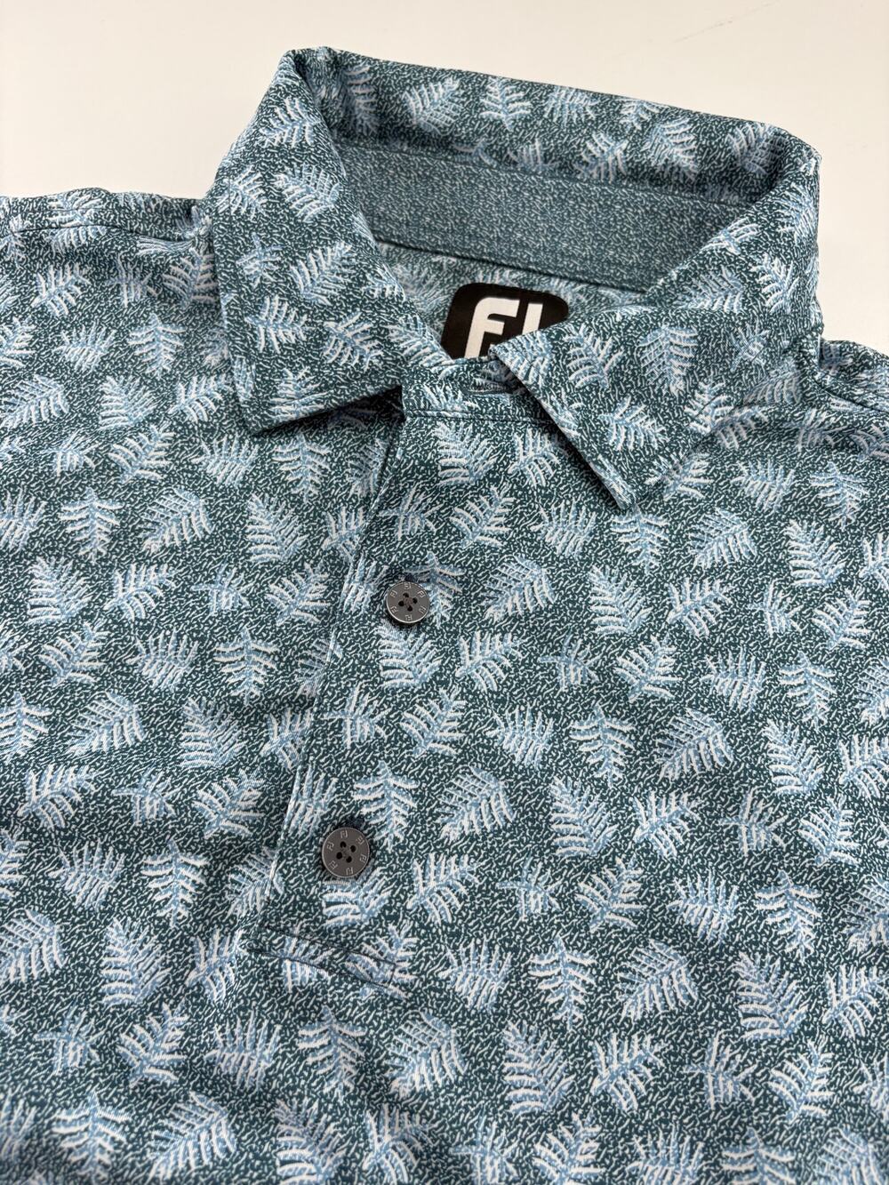 FootJoy Golf Polo Men's M Teal Blue White Fern Leaf Print Performance Stretch